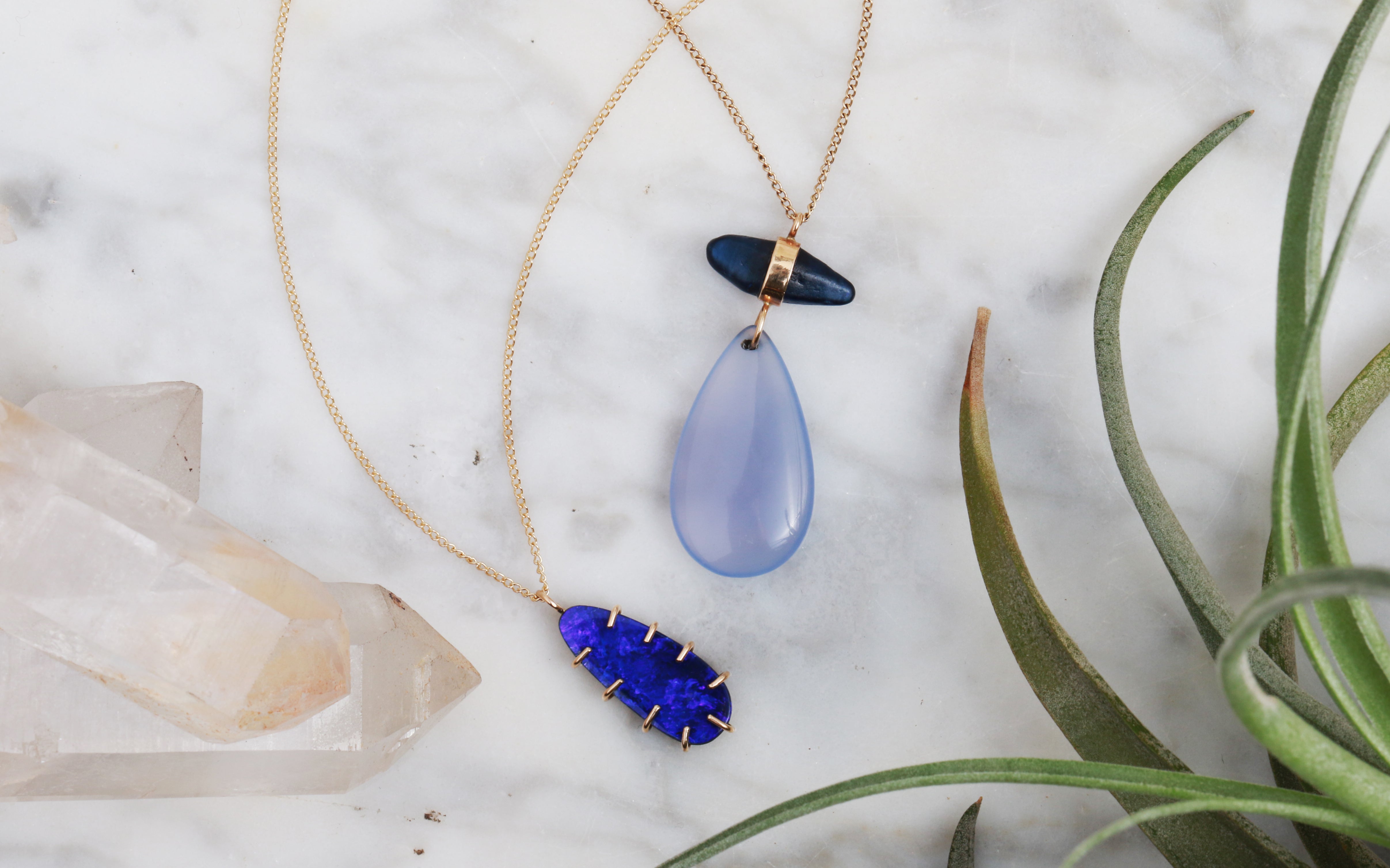 blue opal, sapphire, and chalcedony necklaces