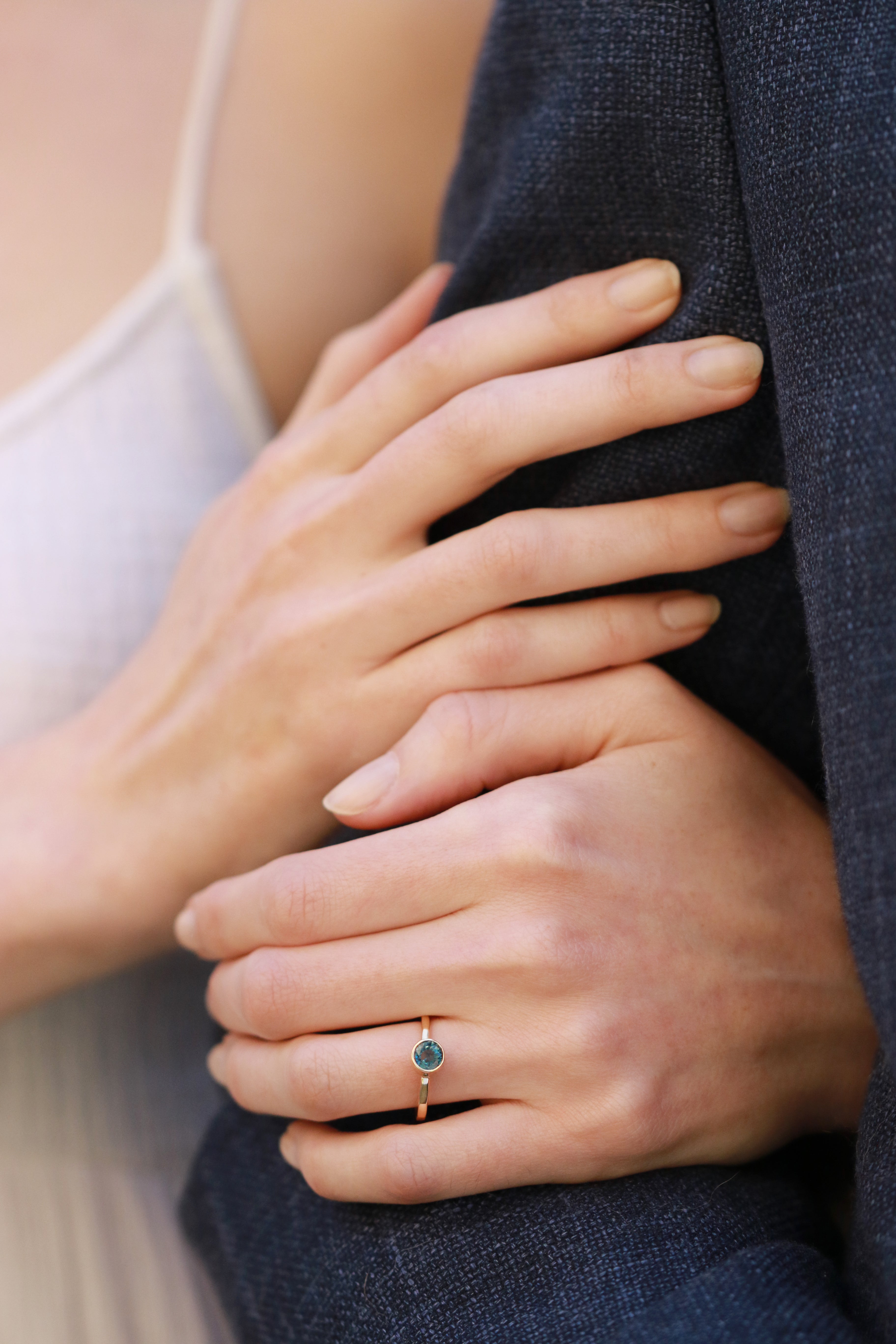blue sapphire engagement ring on model