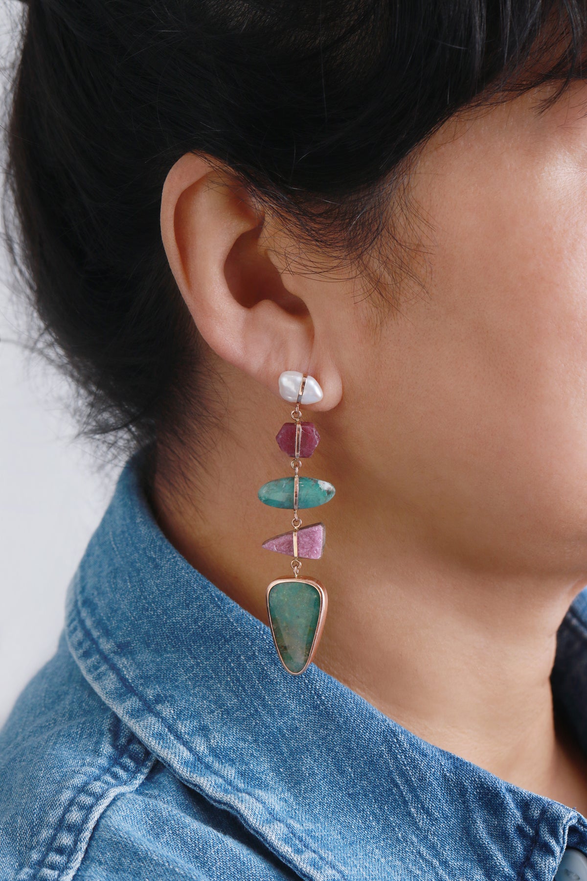 Five Drop Pearl, Ruby, Cobalto Calcite, and Chrysocolla Earrings Earrings 756A3836