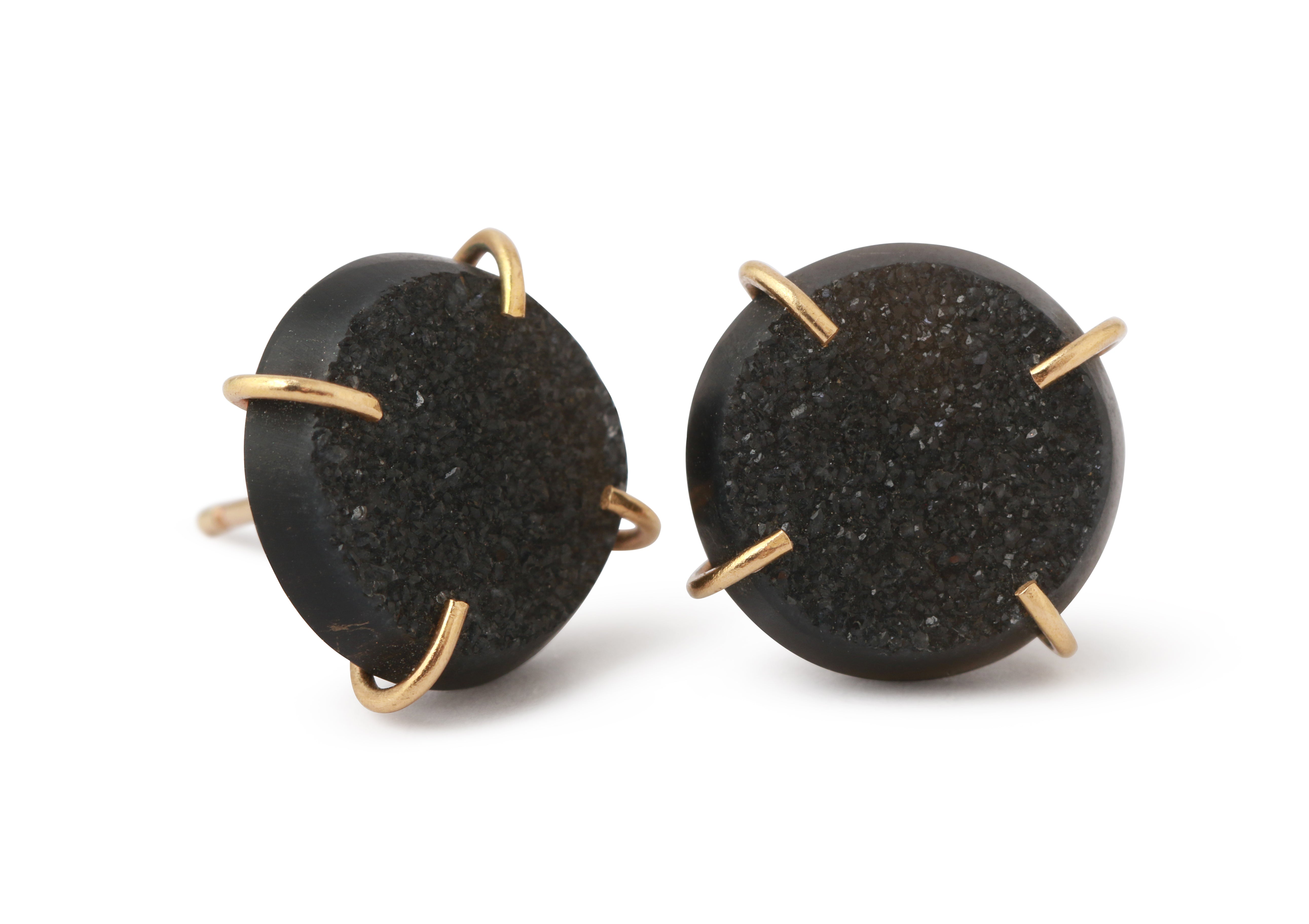 Large Black Druzy Agate Studs Gold Earrings 756A6285