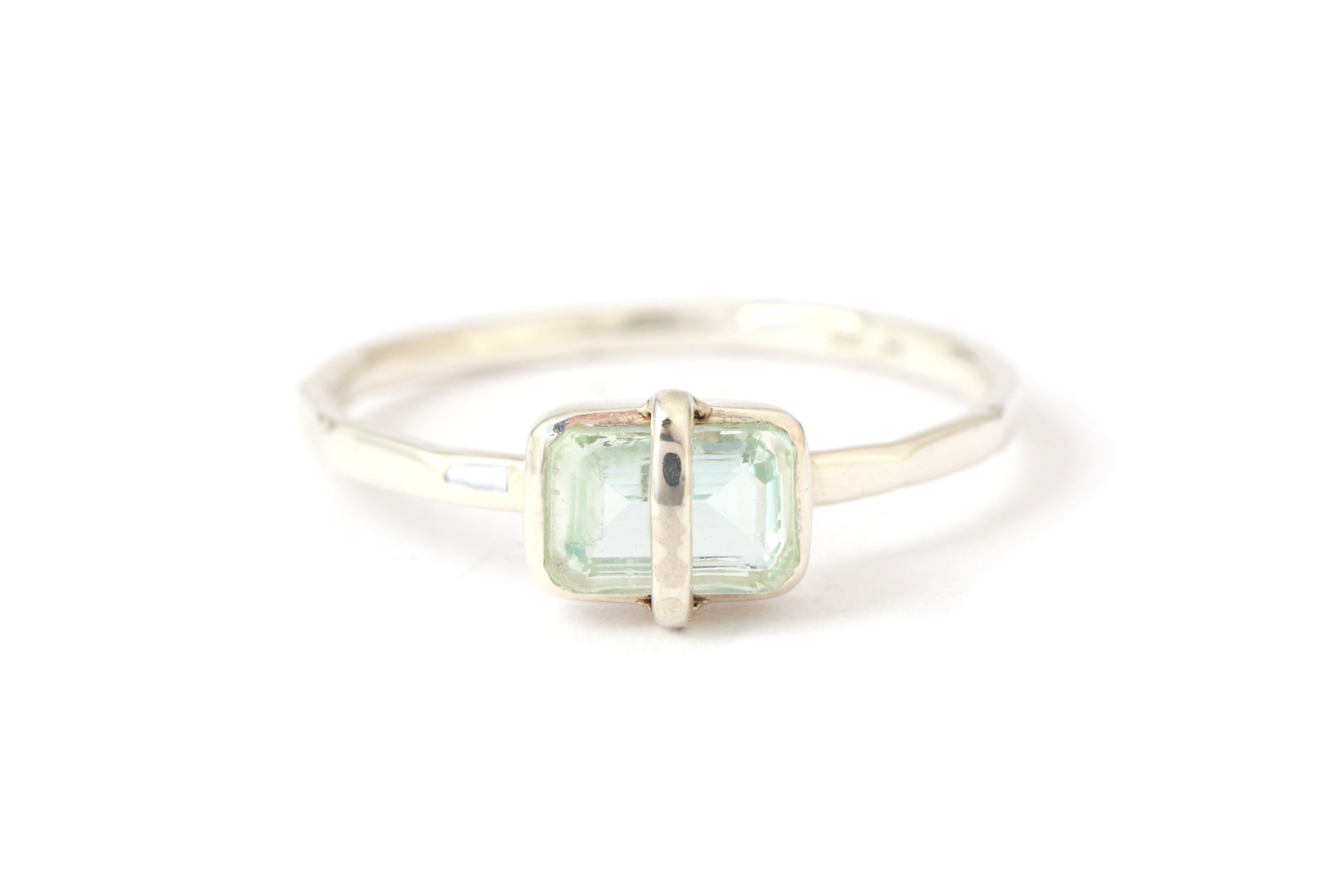 Sterling Silver Bezel Wrapped Emerald Cut Aquamarine Ring BFCM Stock Ring 756A6474