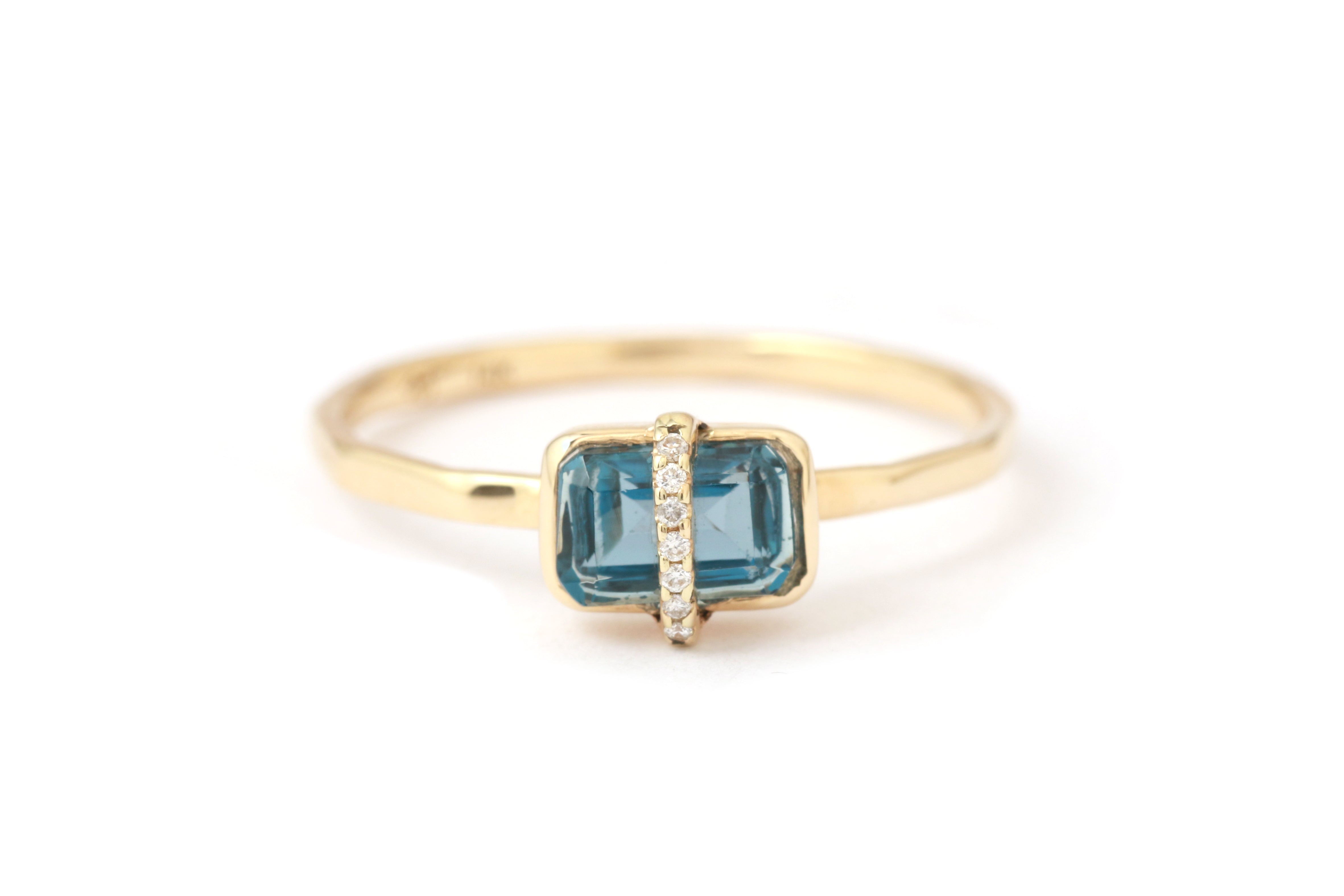 Micropave Bezel Wrapped Emerald Cut Blue Topaz Ring BFCM Stock Ring 756A6480