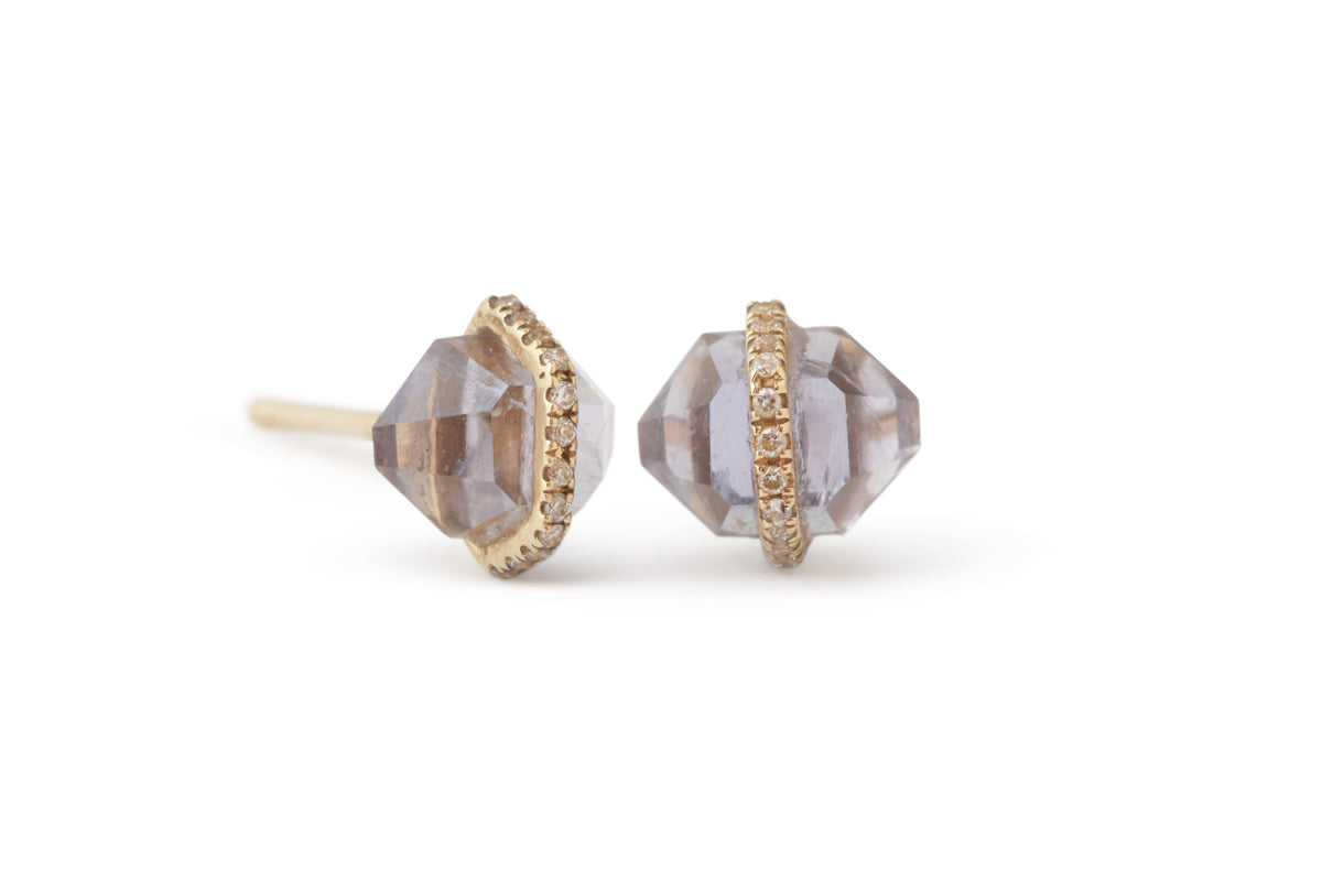 Small Micropave Bezel Wrapped Herkimer cut Stud Earrings Iolite Earrings 756A9163