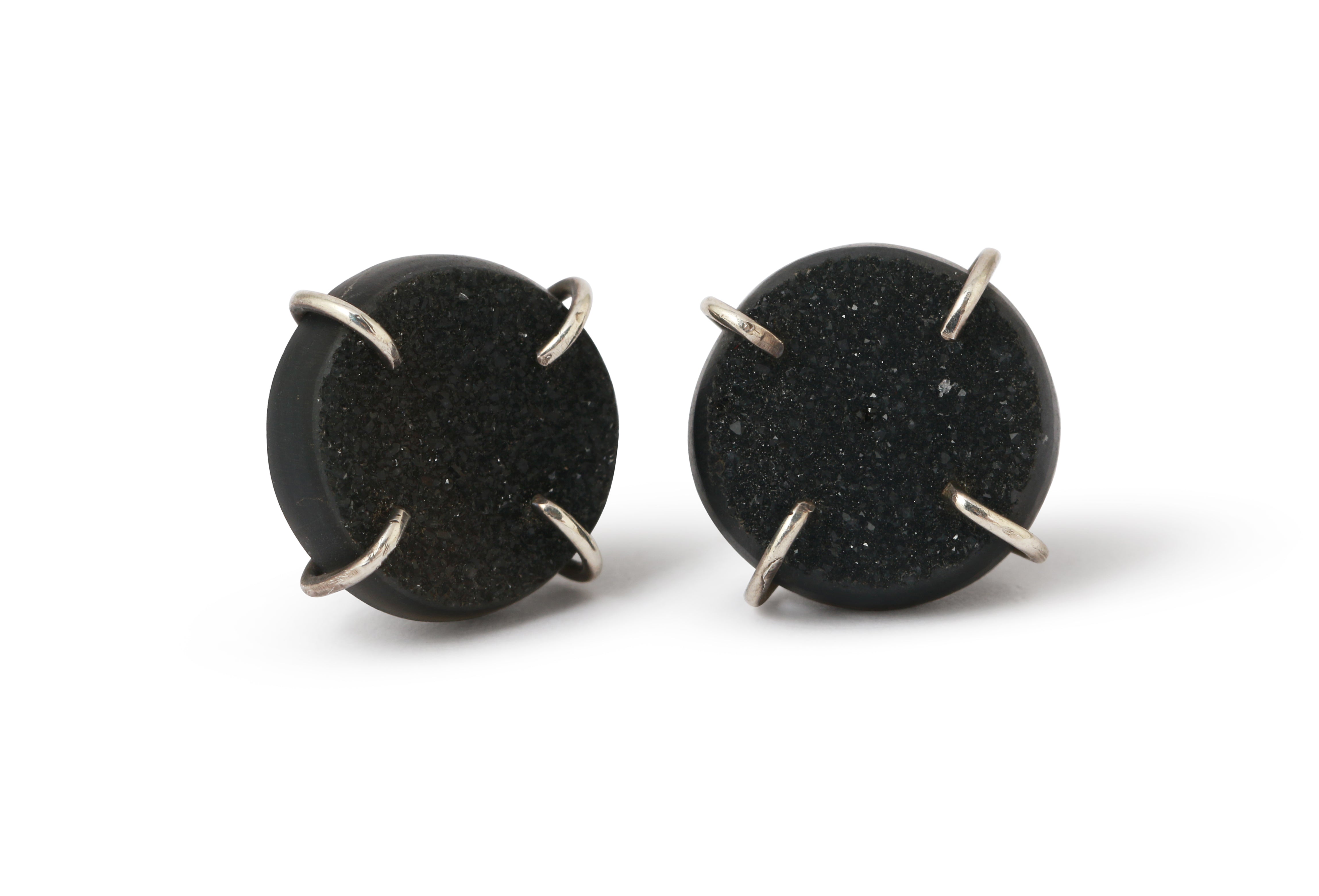 Black Druzy Agate Studs Sterling Silver Earrings E1537-3