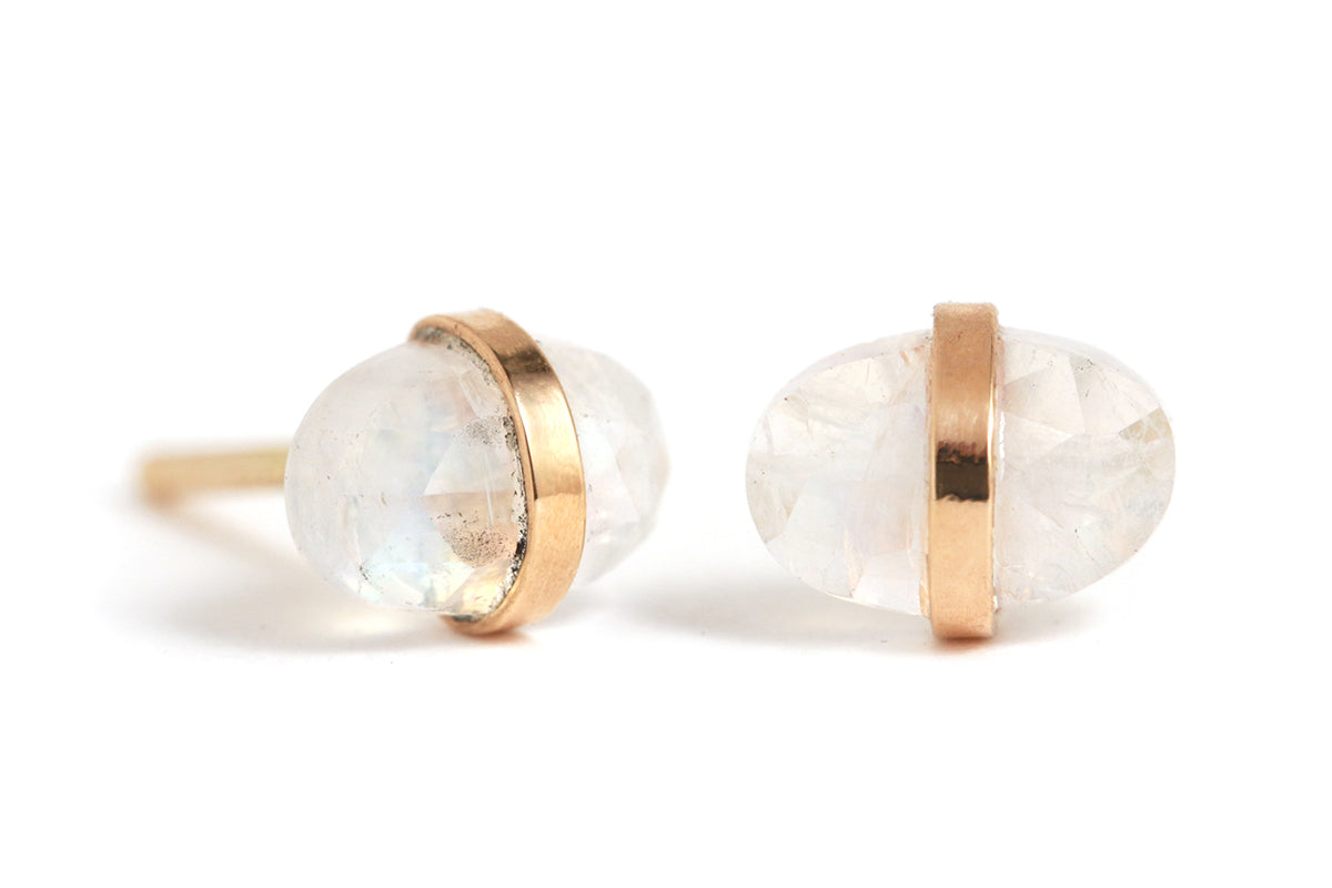 Bezel Wrapped Rainbow Moonstone Cabochon Stud Earrings EARRING E2952