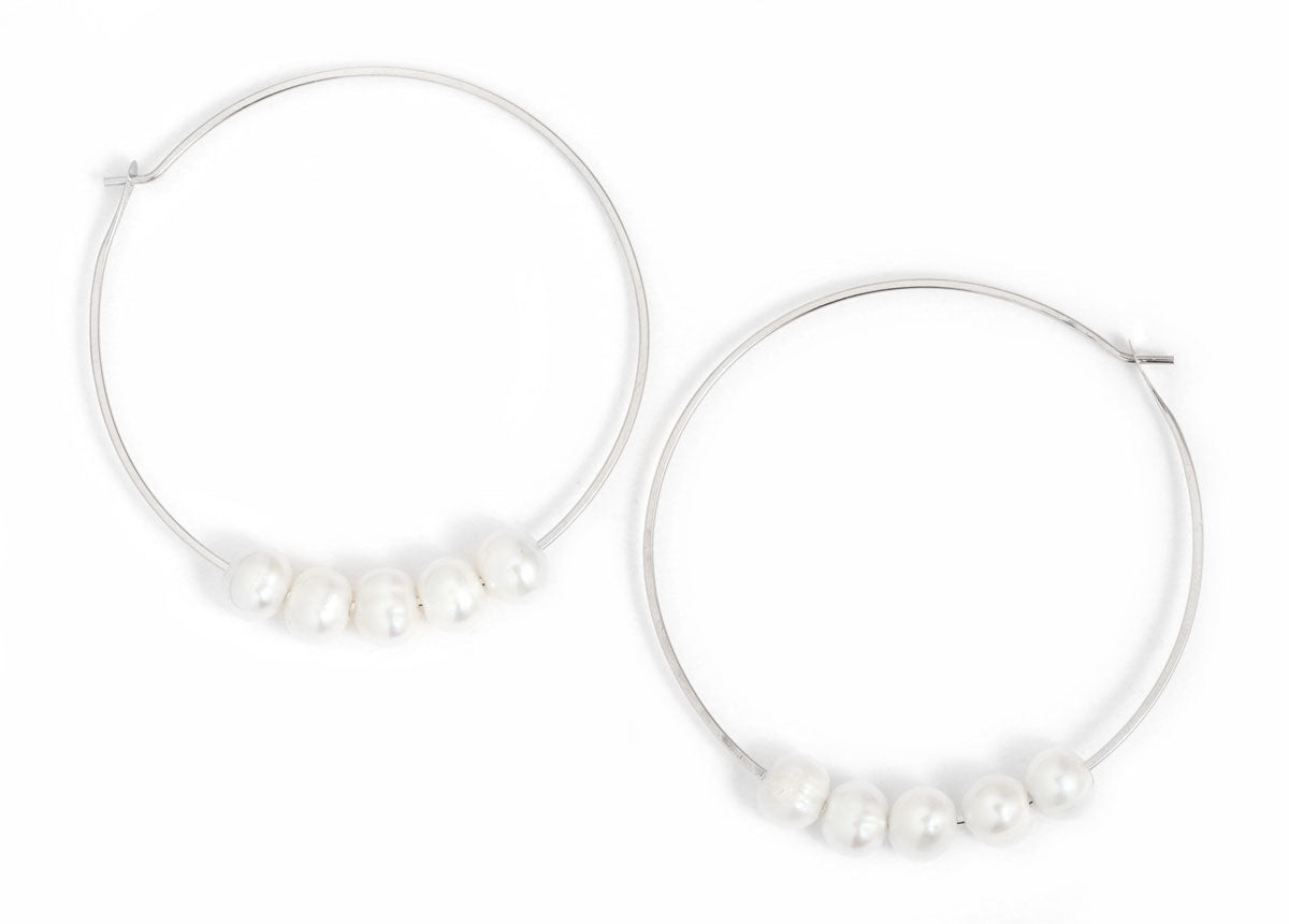 1.75 Inch 5 Pearl Hoop Earrings Silver Earrings E3034s