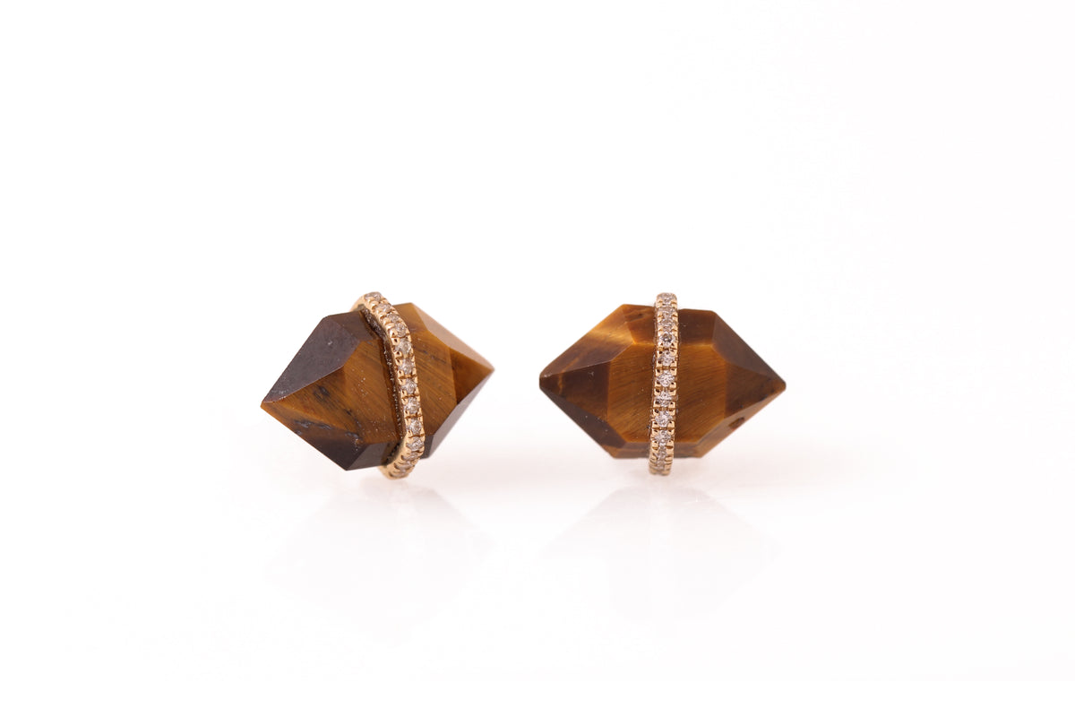 Large Diamond Wrapped Herkimer Cut Tiger's Eye Stud Earrings Earrings E3182GTGEcopy