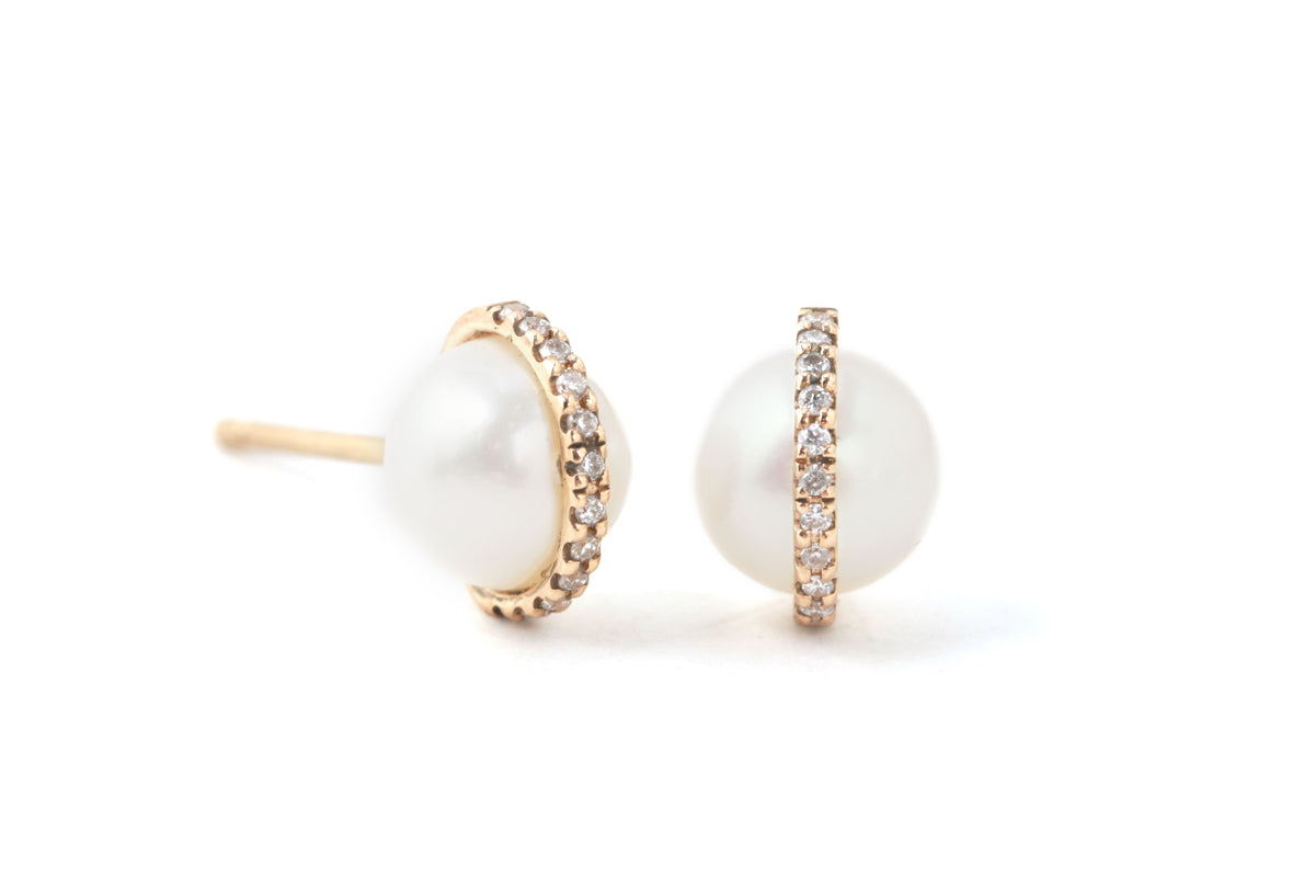 Micropave Bezel Wrapped Pearl Stud Earrings Earrings E3193