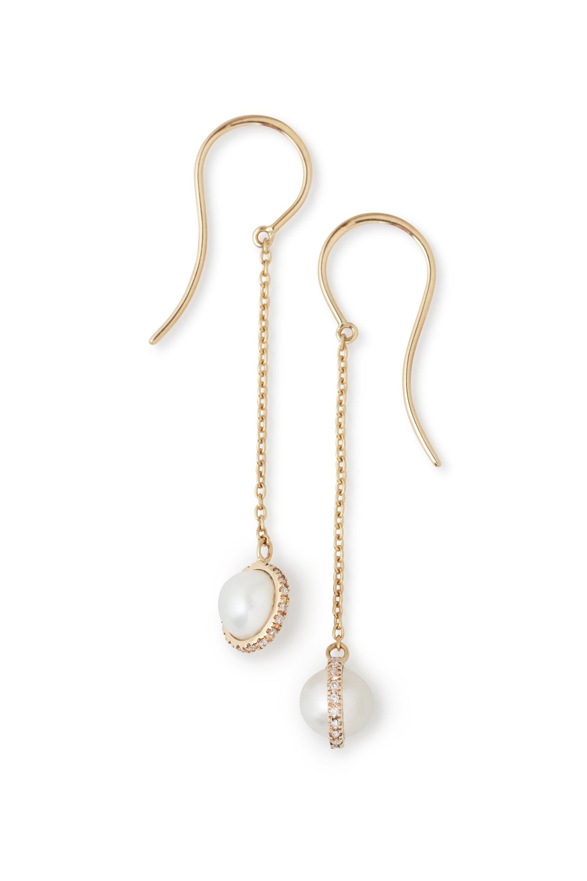 14k gold chain drop earring with micropave diamond bezel wrapped pearl- 1" drop EARRING E3203