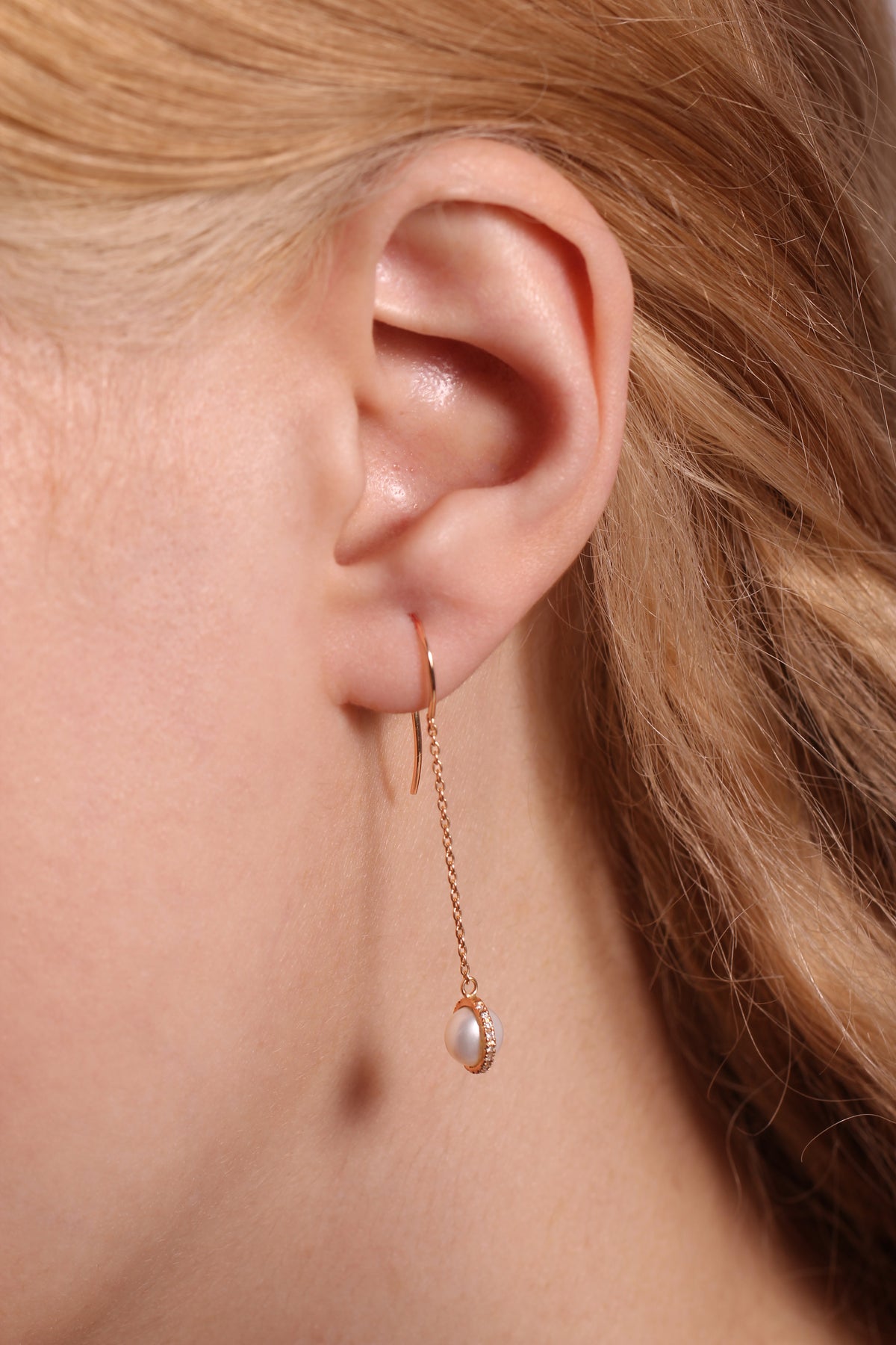 14k gold chain drop earring with micropave diamond bezel wrapped pearl- 1" drop EARRING E3203G-OM