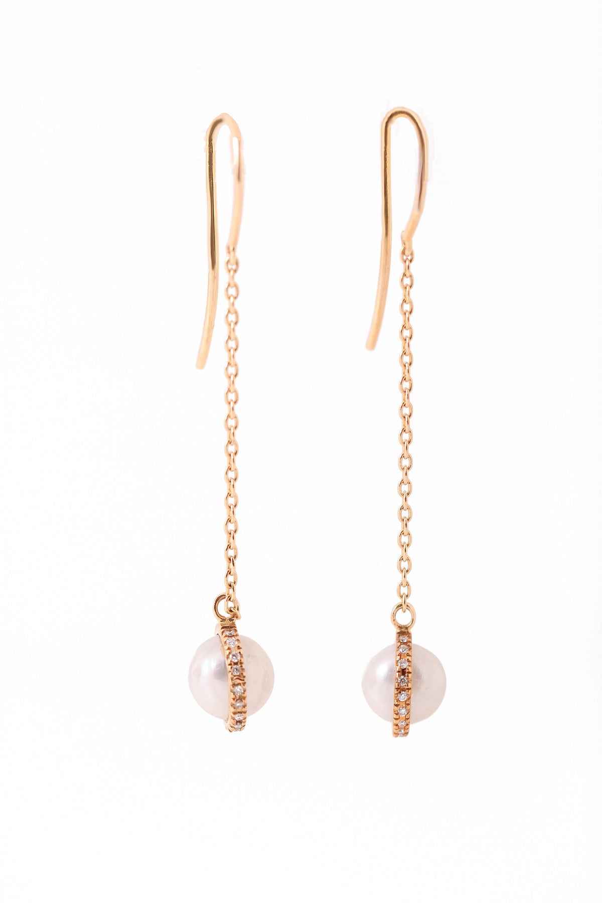 14k gold chain drop earring with micropave diamond bezel wrapped pearl- 1" drop EARRING E3203G