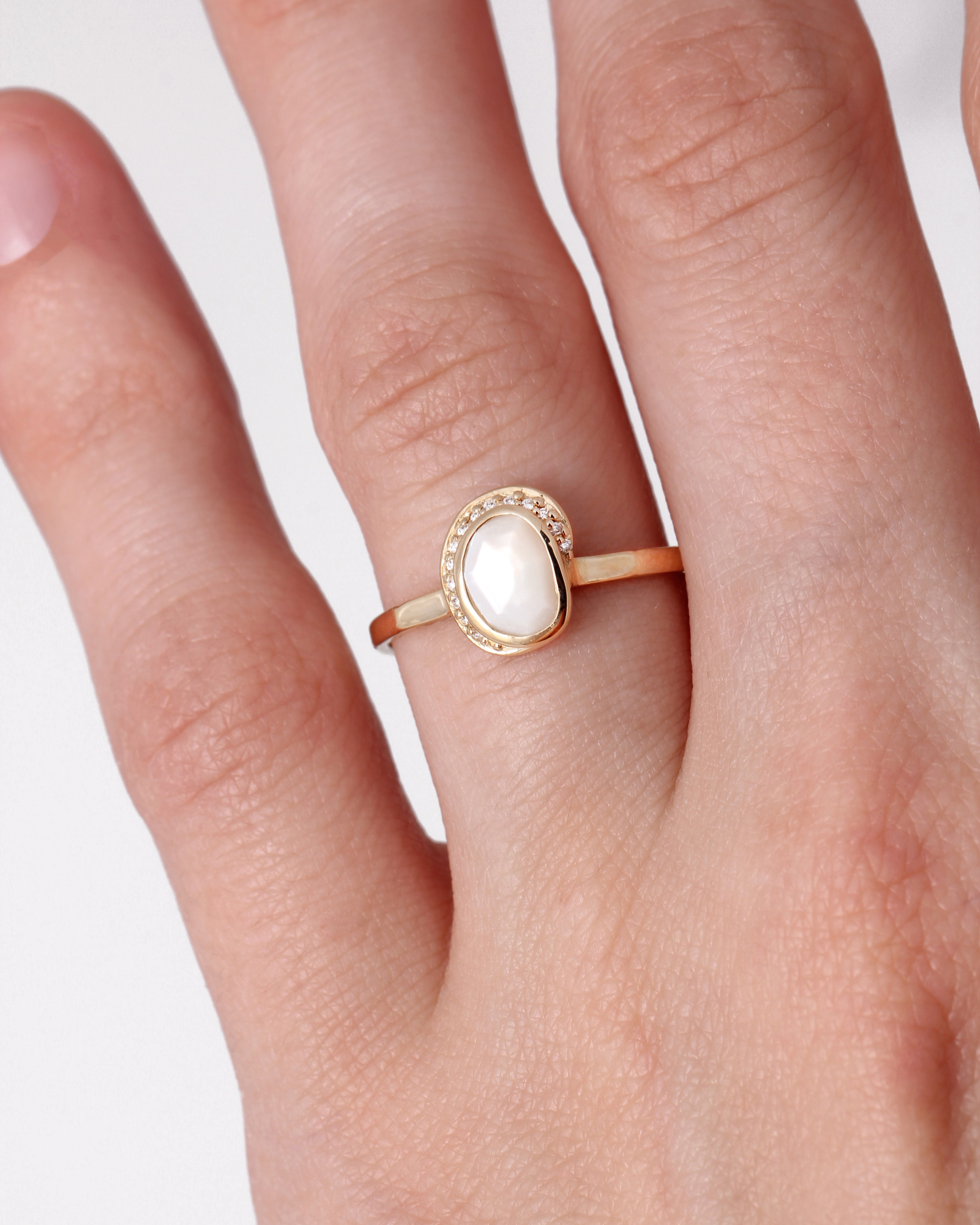 Small Freeform Mother of Pearl Diamond Crescent Moon Ring BFCM Stock Ring IMG_2386