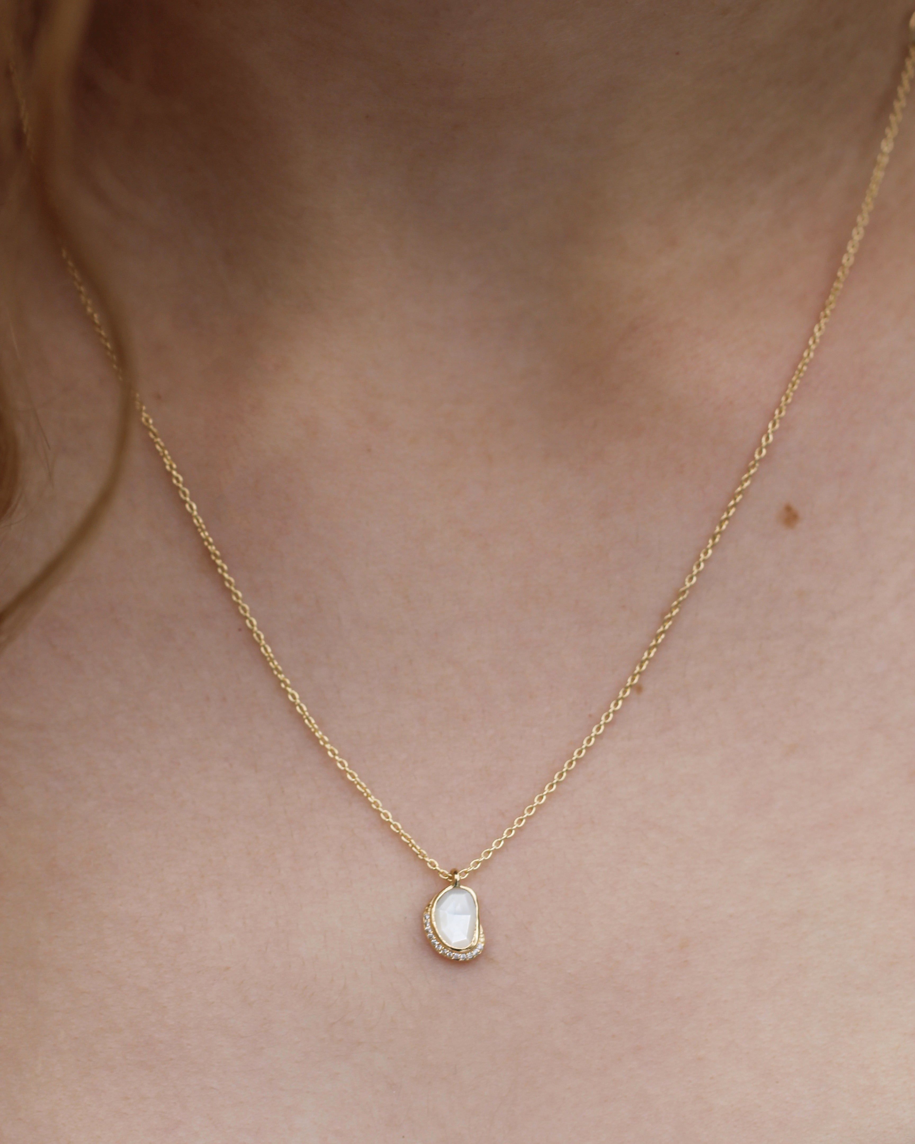 Mother of Pearl Diamond Crescent Moon Pendant Necklace IMG_2570