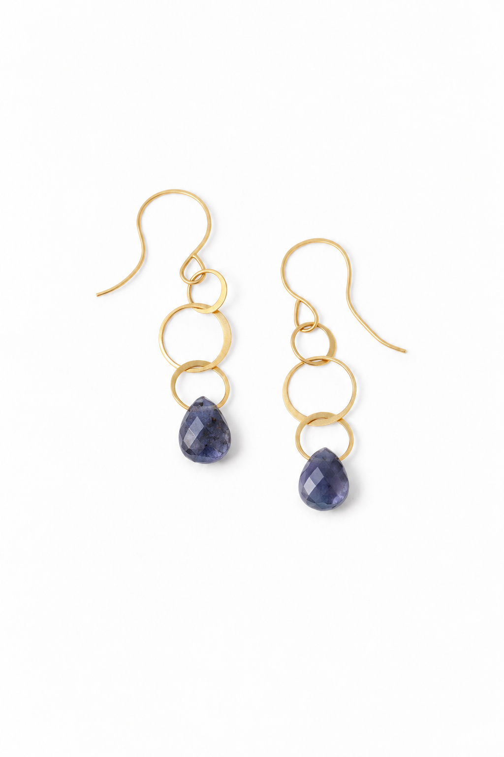 14 karat yellow gold Iolite single drop earring. EARRINGS IoliteandGoldCircleDropEarrings