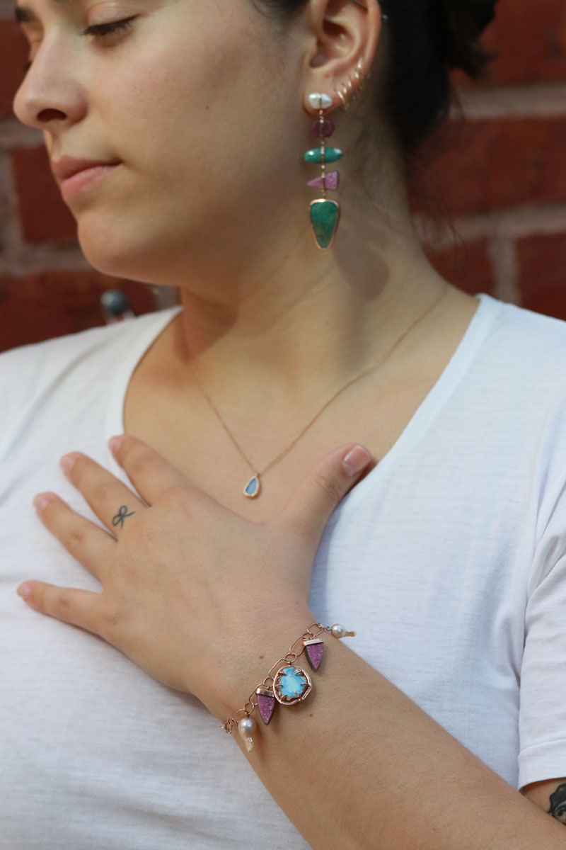 Cobalto Calcite, Kazakhstani Turquoise, and Pearl Charm bracelet