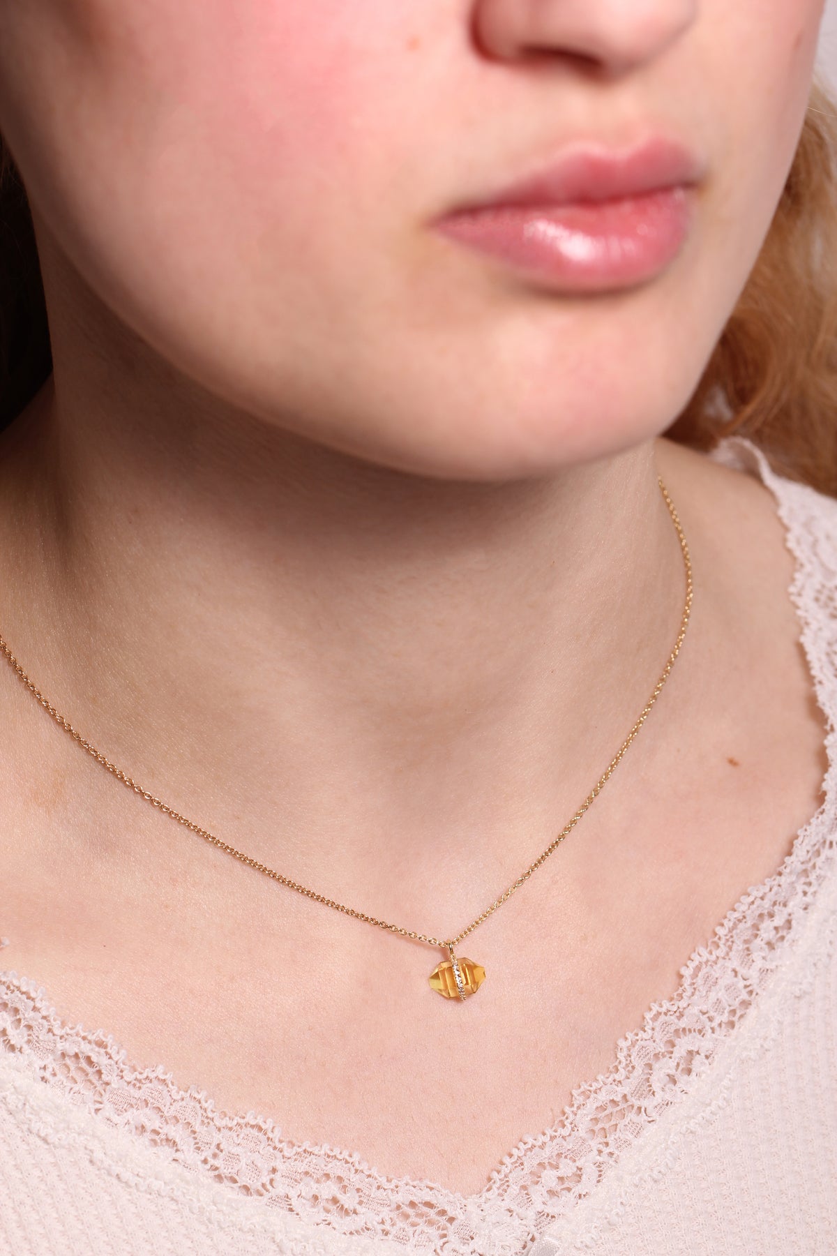 Small Diamond Bezel Wrapped Herkimer Cut Citrine Necklace Necklace N2198GCIT-OM