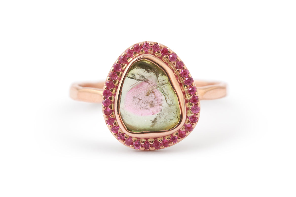 Watermelon Tourmaline with Pink Sapphire Halo Ring BFCM Stock Ring OFK4437