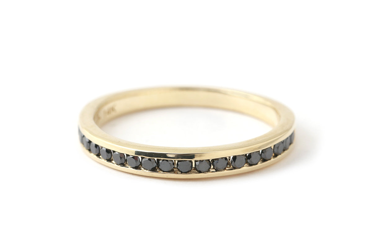 Black Diamond Half Channel Eternity Band- 14k Yellow Gold Stock Ring R1309BLK