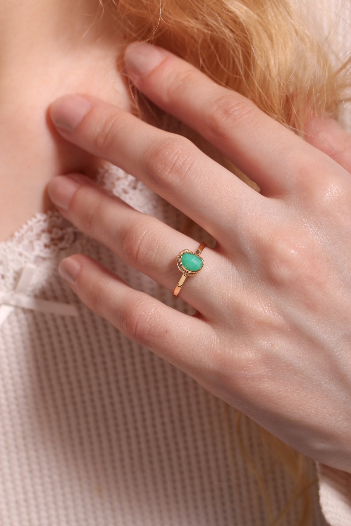 Small Freeform Chrysoprase Diamond Crescent Moon Ring BFCM Stock Ring R1326GCH-OM