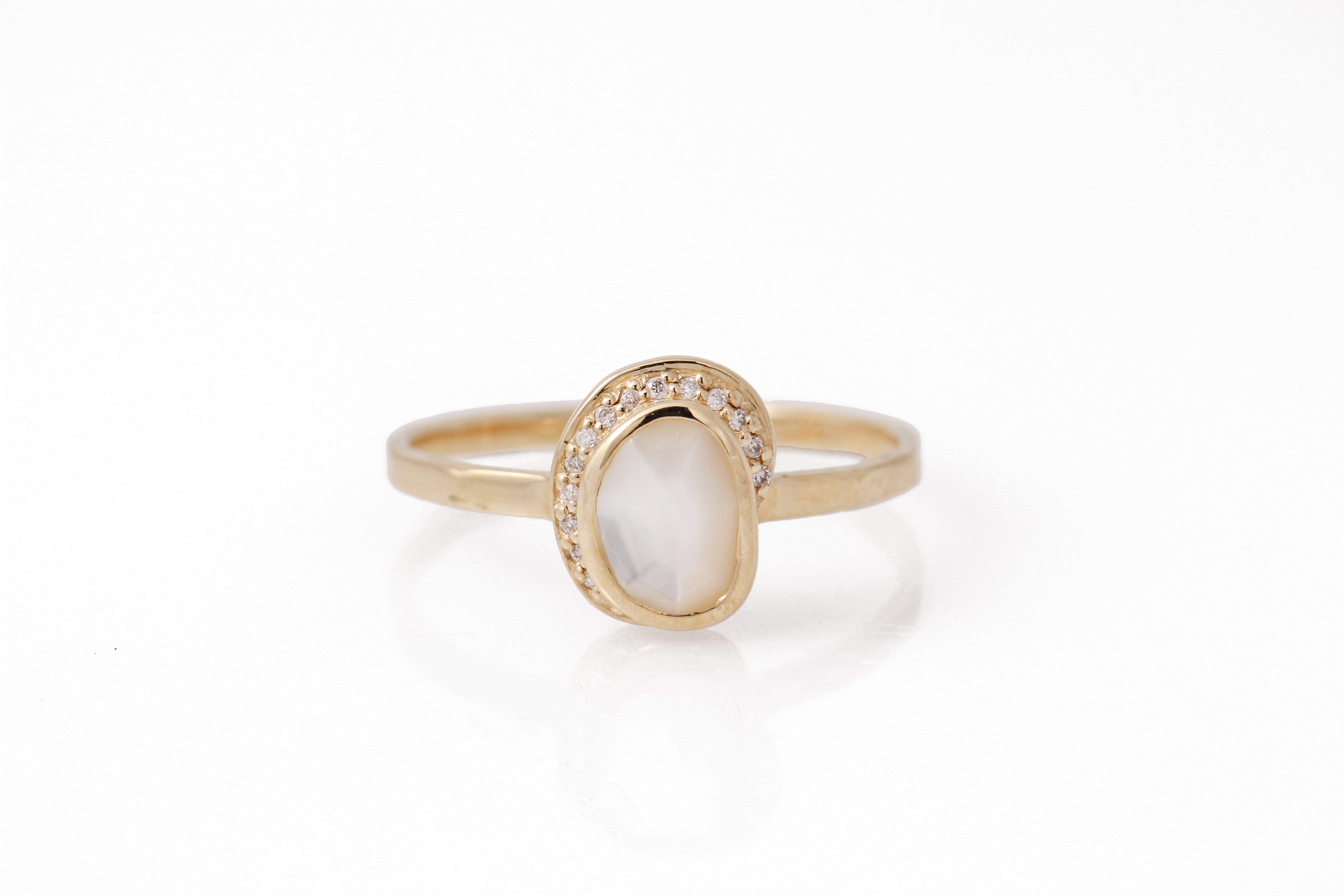 Small Freeform Mother of Pearl Diamond Crescent Moon Ring BFCM Stock Ring R1326GMOP