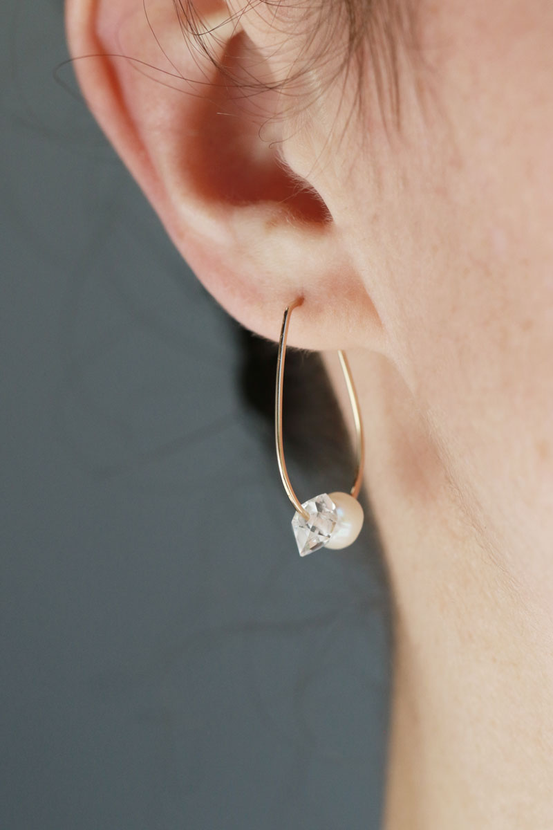 Pearl and Herkimer Teardrop Hoops Earrings e3069-onmod