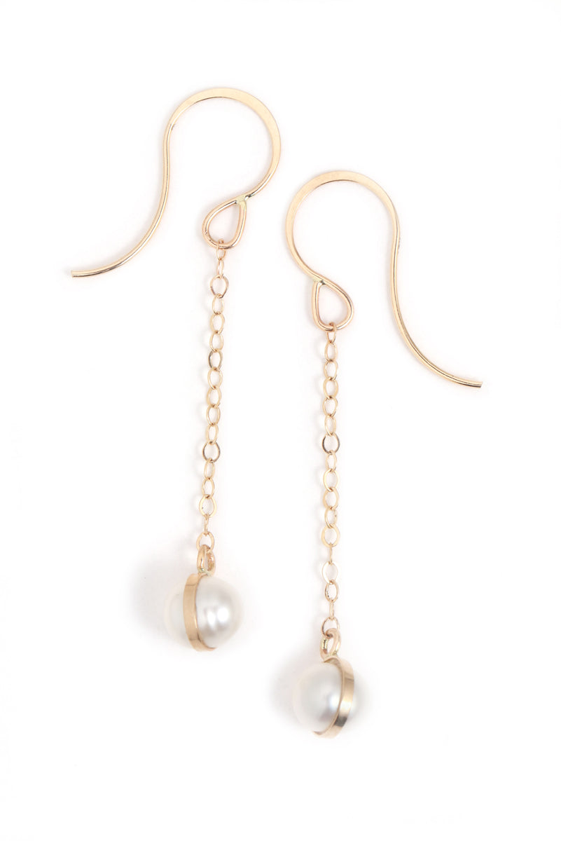 Chain Earrings with Bezel Wrapped Pearl Drops Gold Earrings E3030