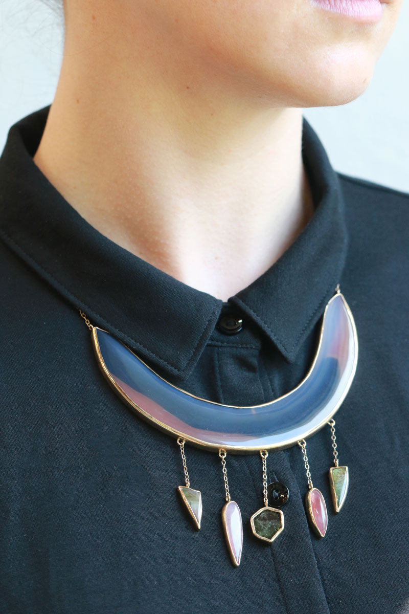 Agate collar necklace with garnet and tourmaline drops