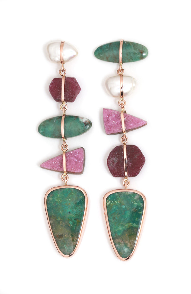 Five Drop Pearl, Ruby, Cobalto Calcite, and Chrysocolla Earrings