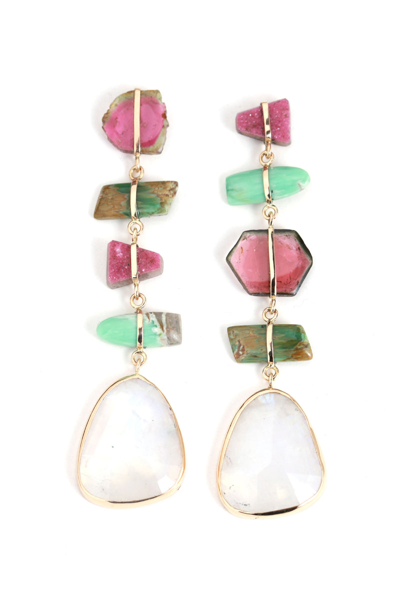 Five Drop Watermelon Tourmaline, Druzy, and Rainbow Moonstone Earrings Earrings OFK4284