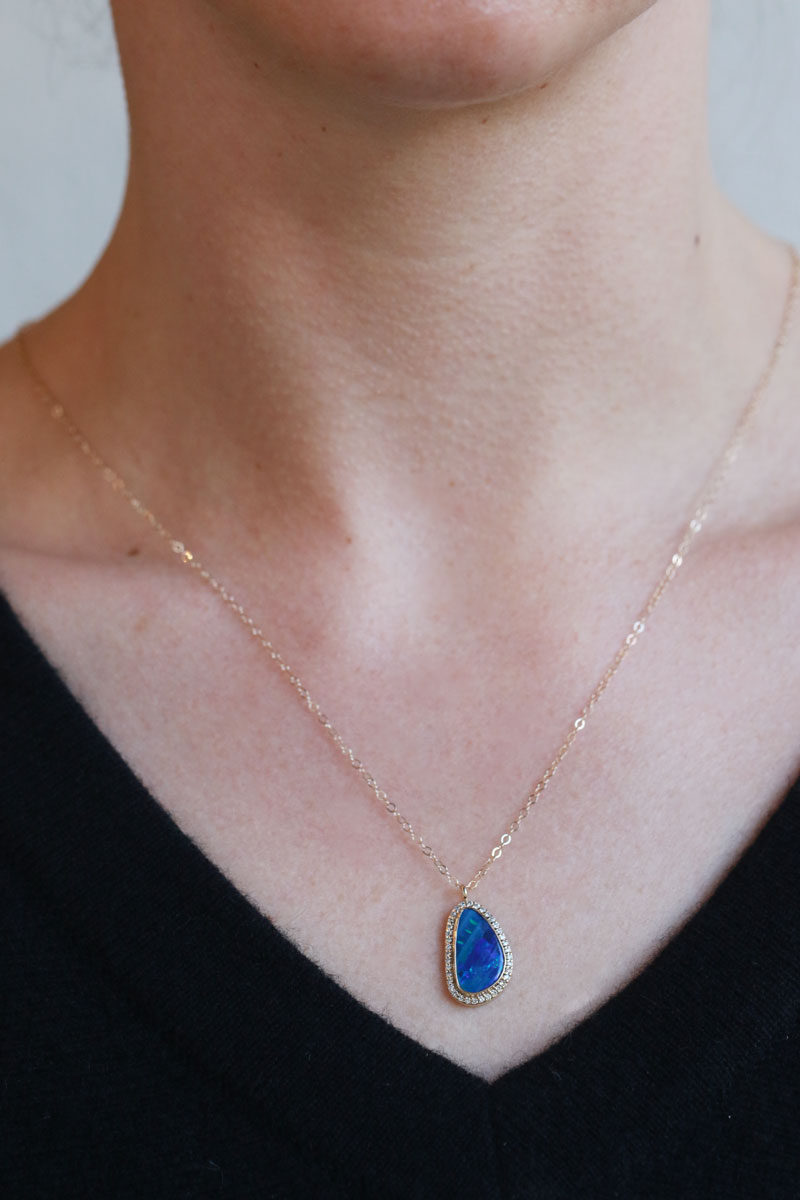 Freeform Pear Opal Pendant Necklace with Diamond Halo Necklaces OFK4399-onmod