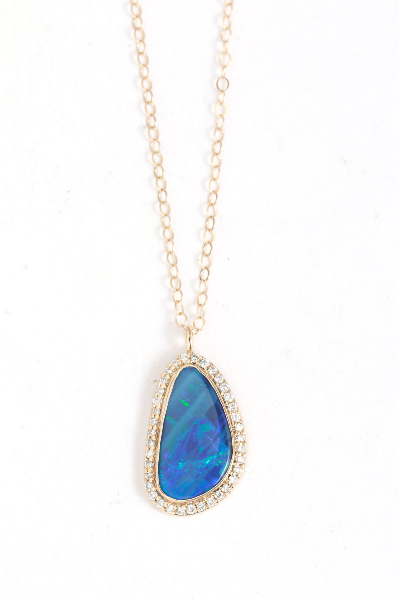 Freeform Pear Opal Pendant Necklace with Diamond Halo Necklaces OFK4399