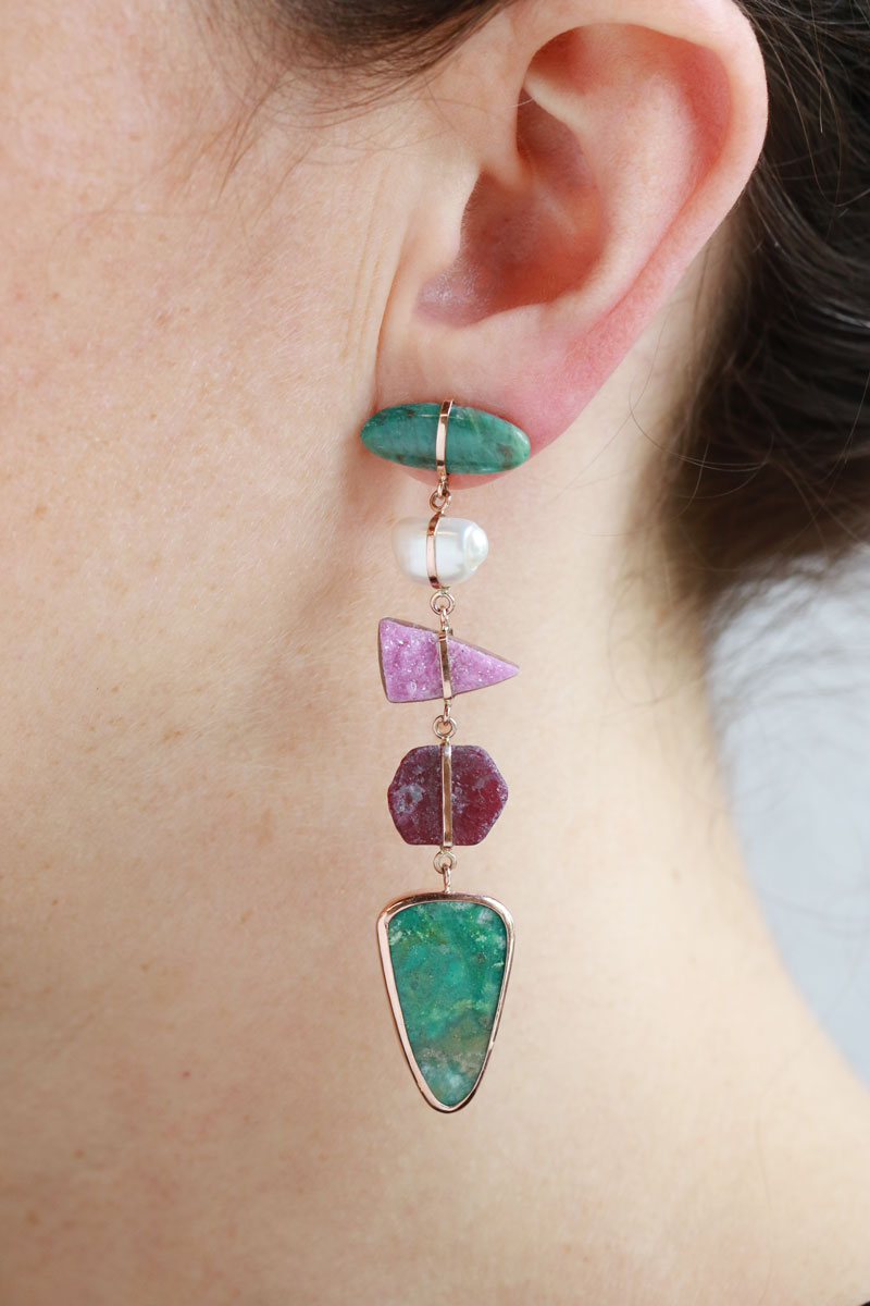 Five Drop Pearl, Ruby, Cobalto Calcite, and Chrysocolla Earrings