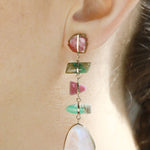 Five Drop Watermelon Tourmaline, Druzy, and Rainbow Moonstone Earrings Earrings ofk4284-onmod