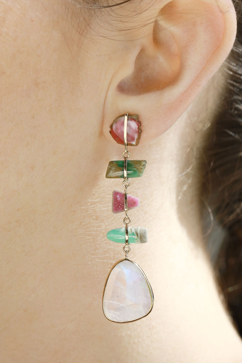 Five Drop Watermelon Tourmaline, Druzy, and Rainbow Moonstone Earrings Earrings ofk4284-onmod