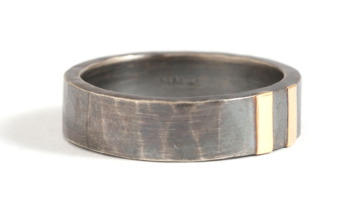 6mm Double Gold Stripe Hammered Oxidized Silver Band Unisex Rings r662-2